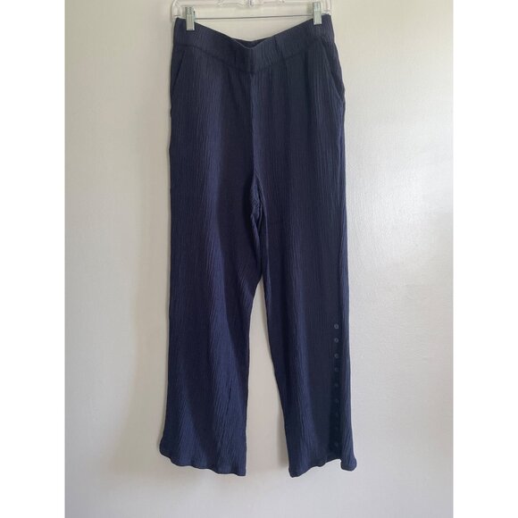Soft Surroundings Oceo Gauze Wide Leg Pants Womens M Navy Wide Leg Button Detail - Picture 1 of 9